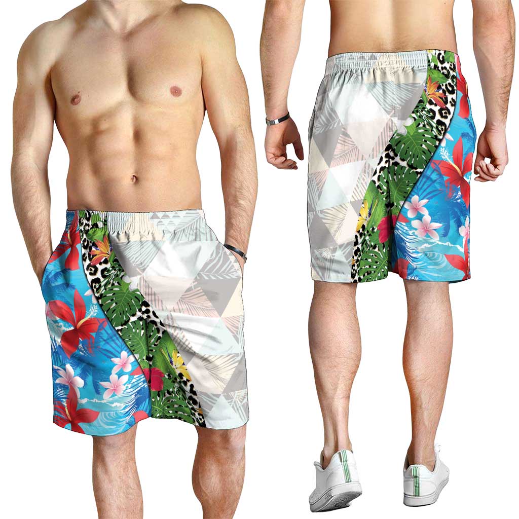 Hawaiian Tropical Flowers and Leaves Shorts for Men Leopard Pattern Half White Blue Version LT03 - Polynesian Pride