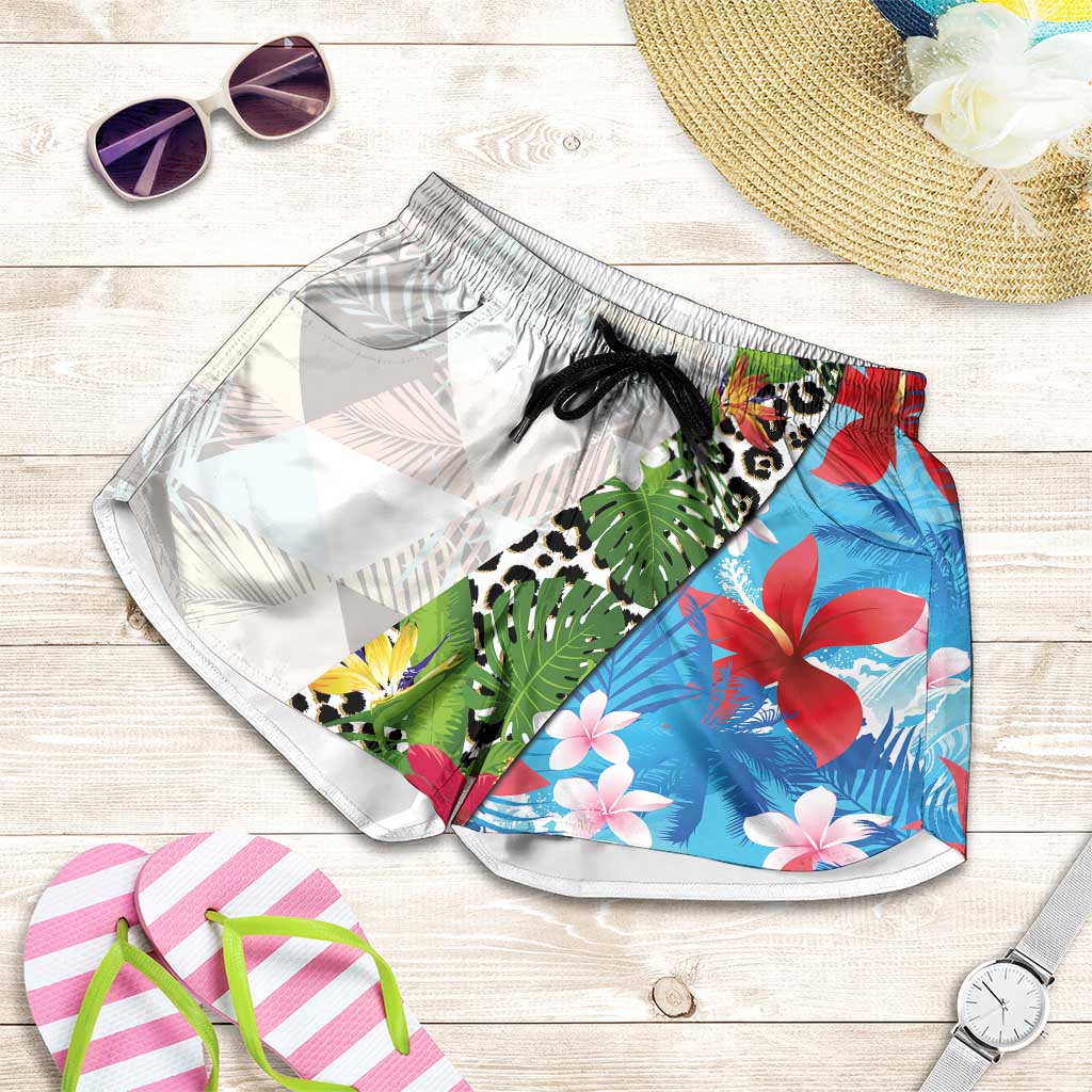 Hawaiian Tropical Flowers and Leaves Shorts for Women Leopard Pattern Half White Blue Version LT03 White - Polynesian Pride