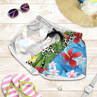 Hawaiian Tropical Flowers and Leaves Shorts for Women Leopard Pattern Half White Blue Version LT03 White - Polynesian Pride