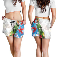 Hawaiian Tropical Flowers and Leaves Shorts for Women Leopard Pattern Half White Blue Version LT03 - Polynesian Pride