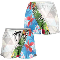 Hawaiian Tropical Flowers and Leaves Shorts for Women Leopard Pattern Half White Blue Version LT03 - Polynesian Pride