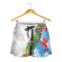 Hawaiian Tropical Flowers and Leaves Shorts for Women Leopard Pattern Half White Blue Version LT03 - Polynesian Pride