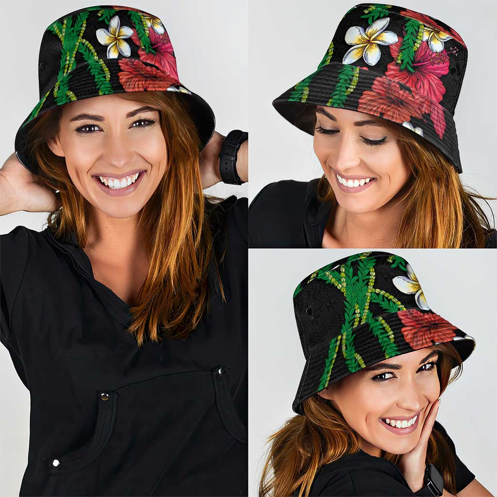 Hawaiian Tropical Flowers and Maile Pikake Bucket Hat Polynesian Tribal Pattern Black Color LT03