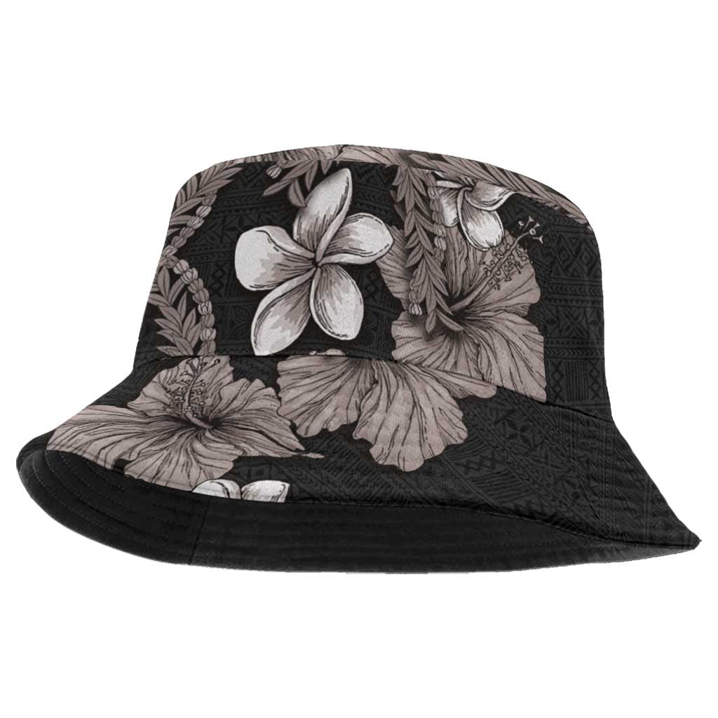 Hawaiian Tropical Flowers and Maile Pikake Bucket Hat Polynesian Tribal Pattern Grayscale Mode LT03