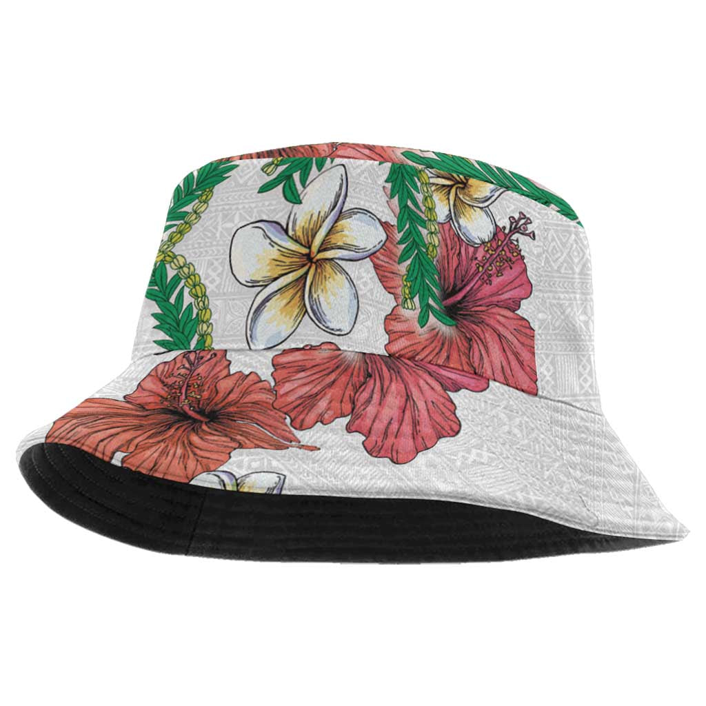 Hawaiian Tropical Flowers and Maile Pikake Bucket Hat Polynesian Tribal Pattern White Color LT03