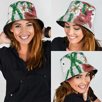 Hawaiian Tropical Flowers and Maile Pikake Bucket Hat Polynesian Tribal Pattern White Color LT03