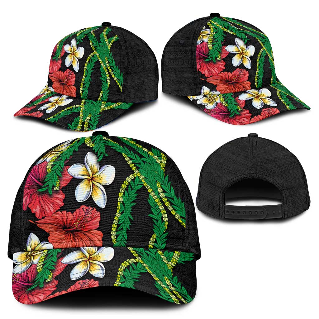 Hawaiian Tropical Flowers and Maile Pikake Classic Cap Polynesian Tribal Pattern Black Color LT03