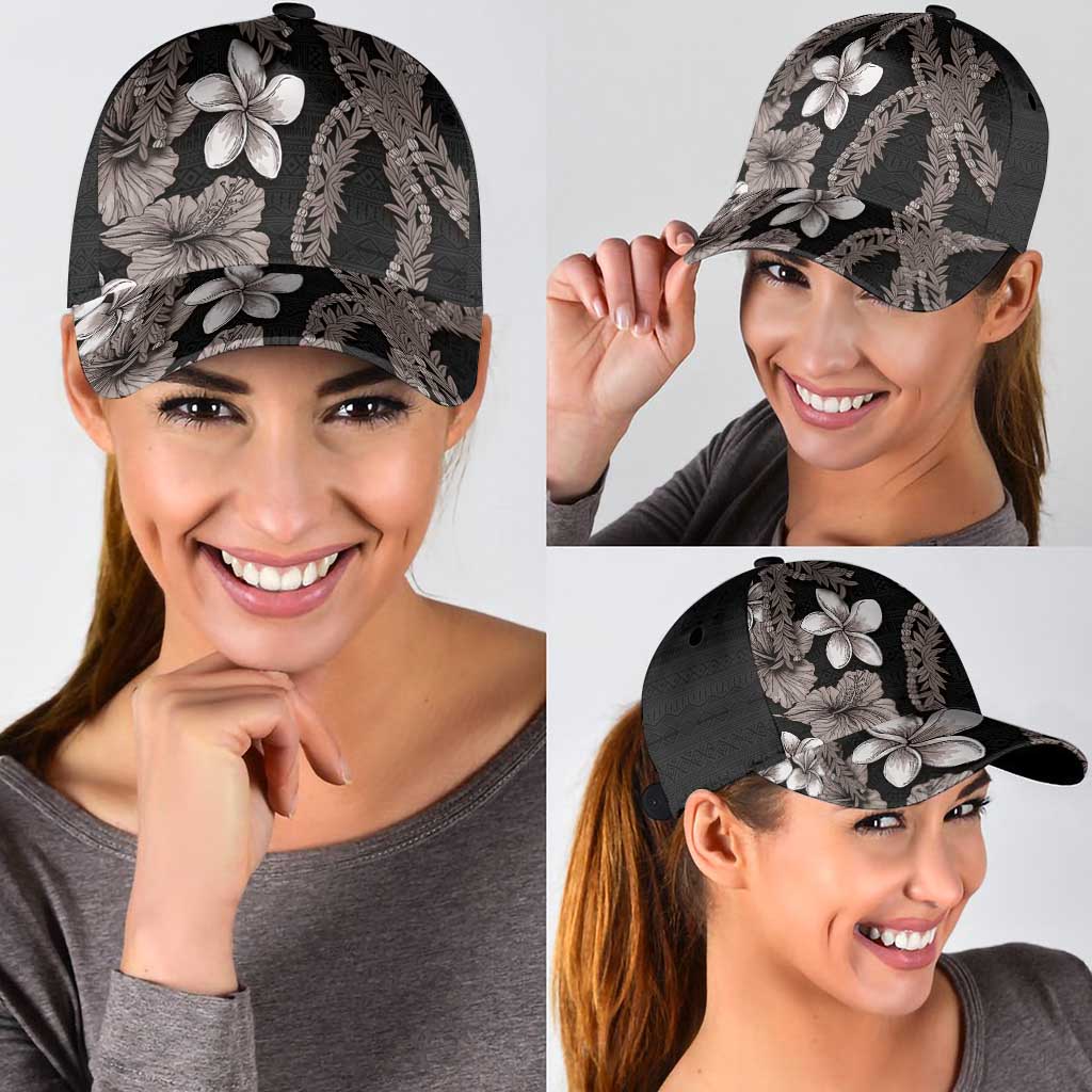 Hawaiian Tropical Flowers and Maile Pikake Classic Cap Polynesian Tribal Pattern Grayscale Mode LT03