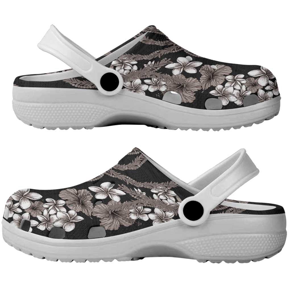 Hawaiian Tropical Flowers and Maile Pikake Clogs Shoes Polynesian Tribal Pattern Grayscale Mode LT03 - Polynesian Pride
