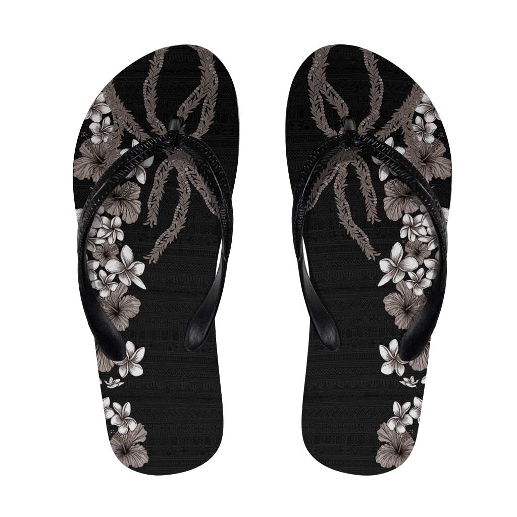 Hawaiian Tropical Flowers and Maile Pikake Flip Flops Polynesian Tribal Pattern Grayscale Mode