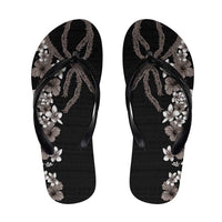 Hawaiian Tropical Flowers and Maile Pikake Flip Flops Polynesian Tribal Pattern Grayscale Mode