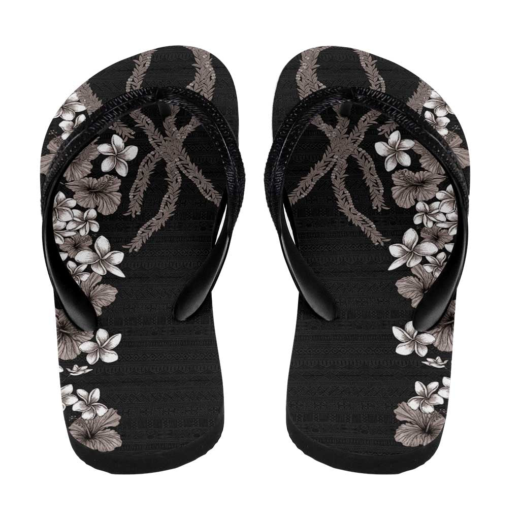 Hawaiian Tropical Flowers and Maile Pikake Flip Flops Polynesian Tribal Pattern Grayscale Mode