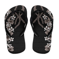 Hawaiian Tropical Flowers and Maile Pikake Flip Flops Polynesian Tribal Pattern Grayscale Mode