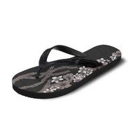 Hawaiian Tropical Flowers and Maile Pikake Flip Flops Polynesian Tribal Pattern Grayscale Mode