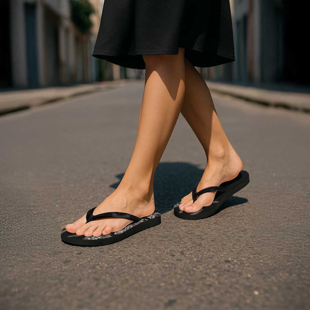 Hawaiian Tropical Flowers and Maile Pikake Flip Flops Polynesian Tribal Pattern Grayscale Mode