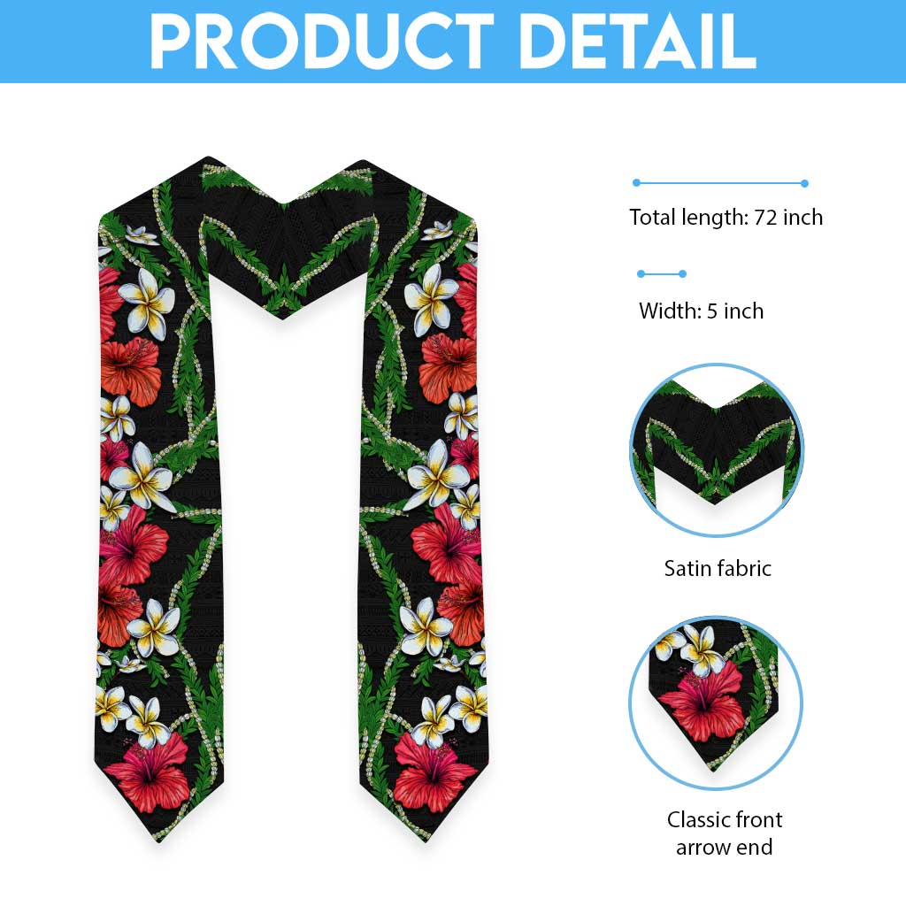 Hawaiian Tropical Flowers and Maile Pikake Graduation Stole Polynesian Tribal Pattern Black Color LT03 - Polynesian Pride