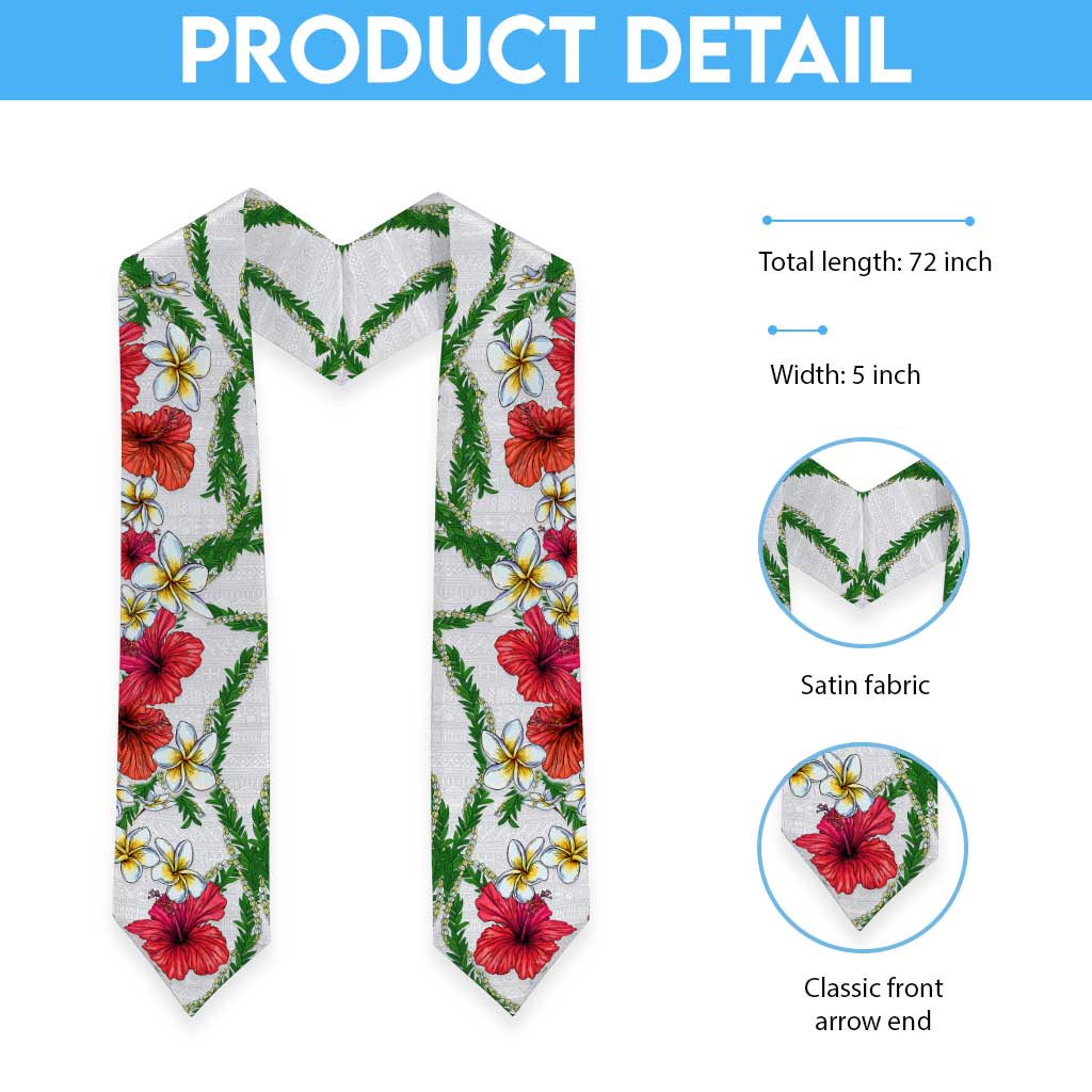 Hawaiian Tropical Flowers and Maile Pikake Graduation Stole Polynesian Tribal Pattern White Color LT03 - Polynesian Pride