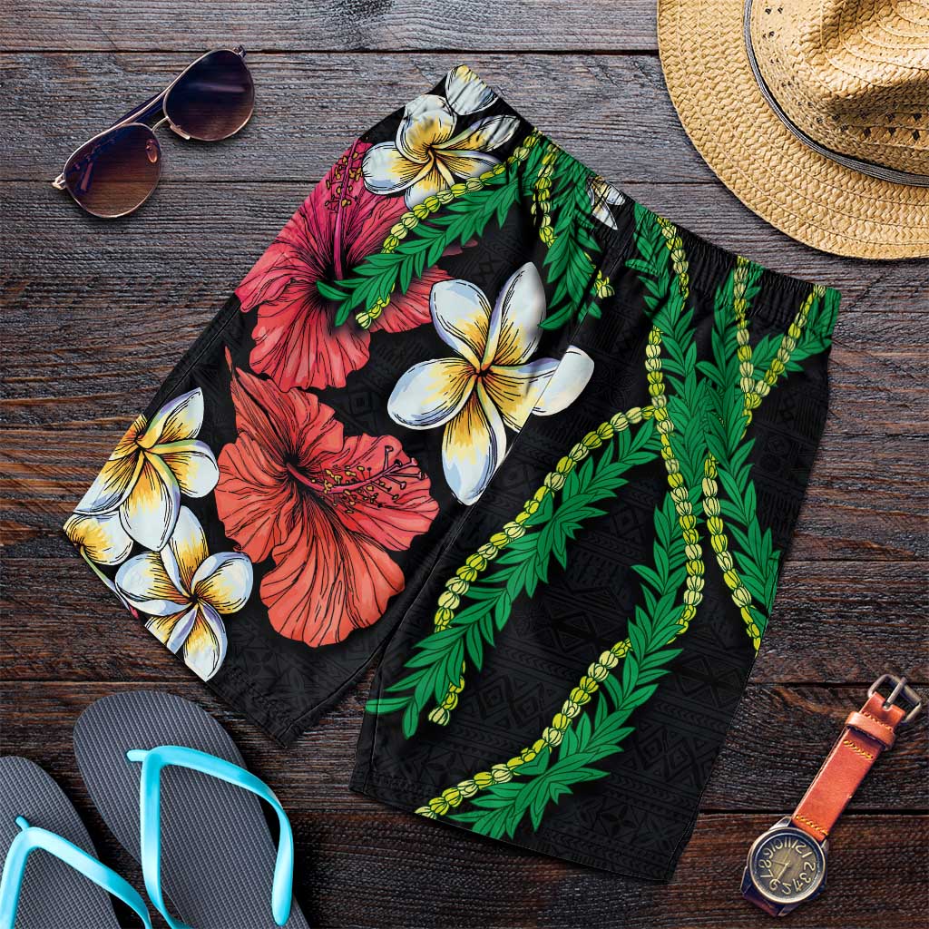 Hawaiian Tropical Flowers and Maile Pikake Shorts for Men Polynesian Tribal Pattern Black Color LT03 Black - Polynesian Pride