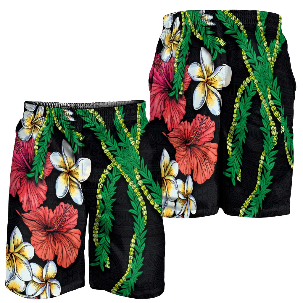 Hawaiian Tropical Flowers and Maile Pikake Shorts for Men Polynesian Tribal Pattern Black Color LT03 - Polynesian Pride