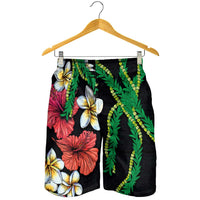 Hawaiian Tropical Flowers and Maile Pikake Shorts for Men Polynesian Tribal Pattern Black Color LT03 - Polynesian Pride