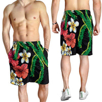 Hawaiian Tropical Flowers and Maile Pikake Shorts for Men Polynesian Tribal Pattern Black Color LT03 - Polynesian Pride