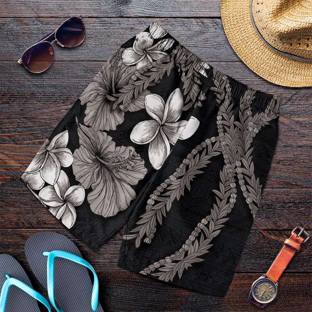 Hawaiian Tropical Flowers and Maile Pikake Shorts for Men Polynesian Tribal Pattern Grayscale Mode LT03 Black - Polynesian Pride