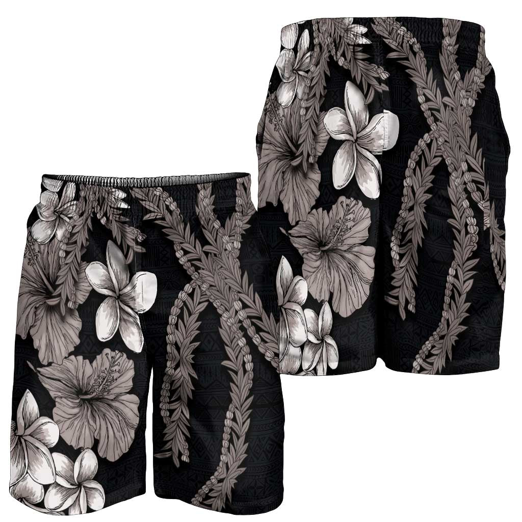 Hawaiian Tropical Flowers and Maile Pikake Shorts for Men Polynesian Tribal Pattern Grayscale Mode LT03 - Polynesian Pride