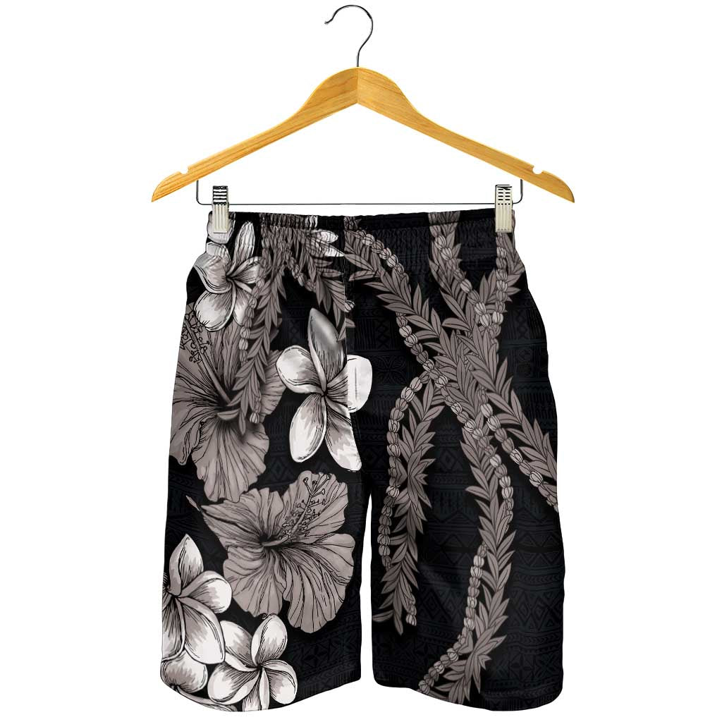 Hawaiian Tropical Flowers and Maile Pikake Shorts for Men Polynesian Tribal Pattern Grayscale Mode LT03 - Polynesian Pride