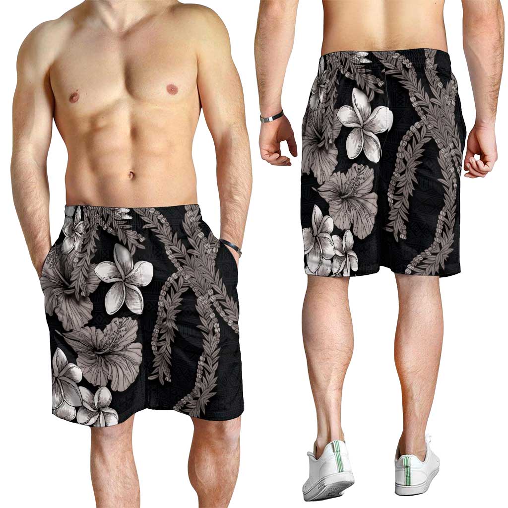 Hawaiian Tropical Flowers and Maile Pikake Shorts for Men Polynesian Tribal Pattern Grayscale Mode LT03 - Polynesian Pride
