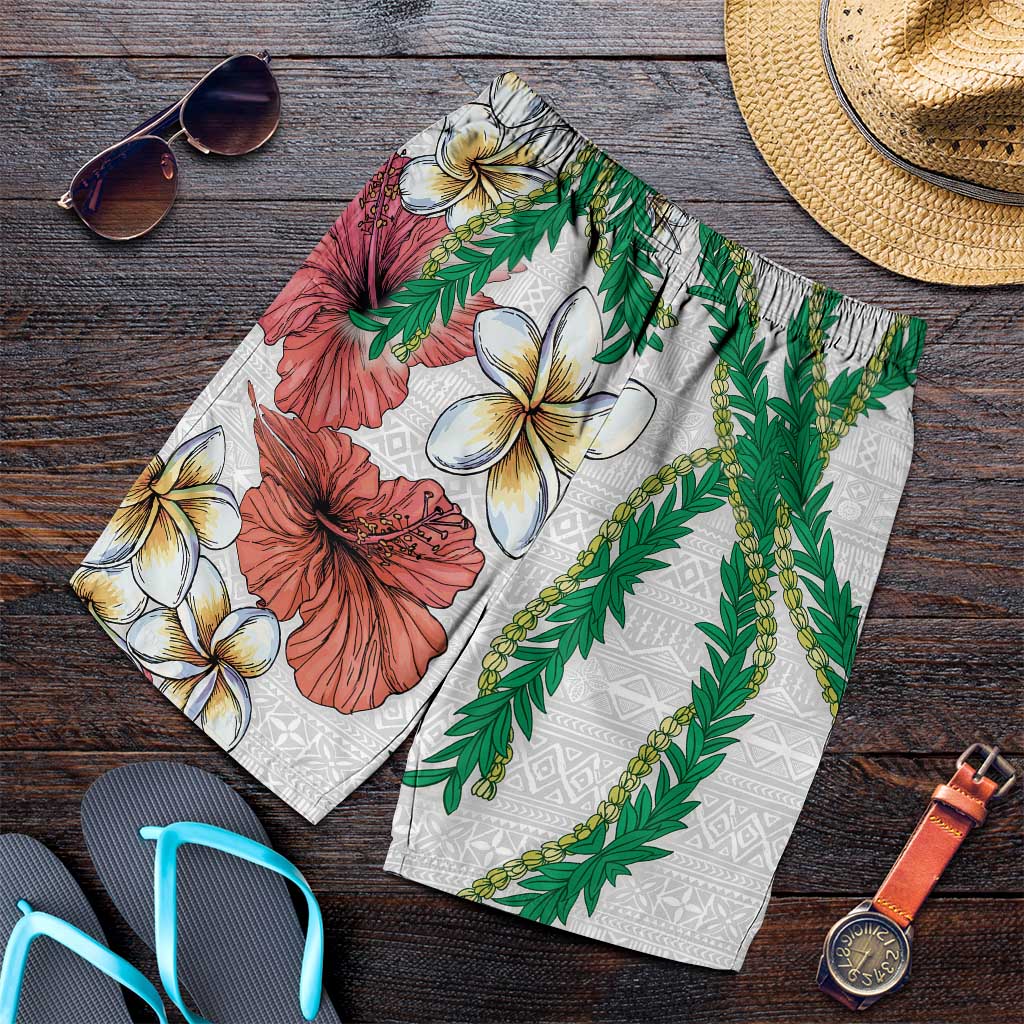Hawaiian Tropical Flowers and Maile Pikake Shorts for Men Polynesian Tribal Pattern White Color LT03 White - Polynesian Pride