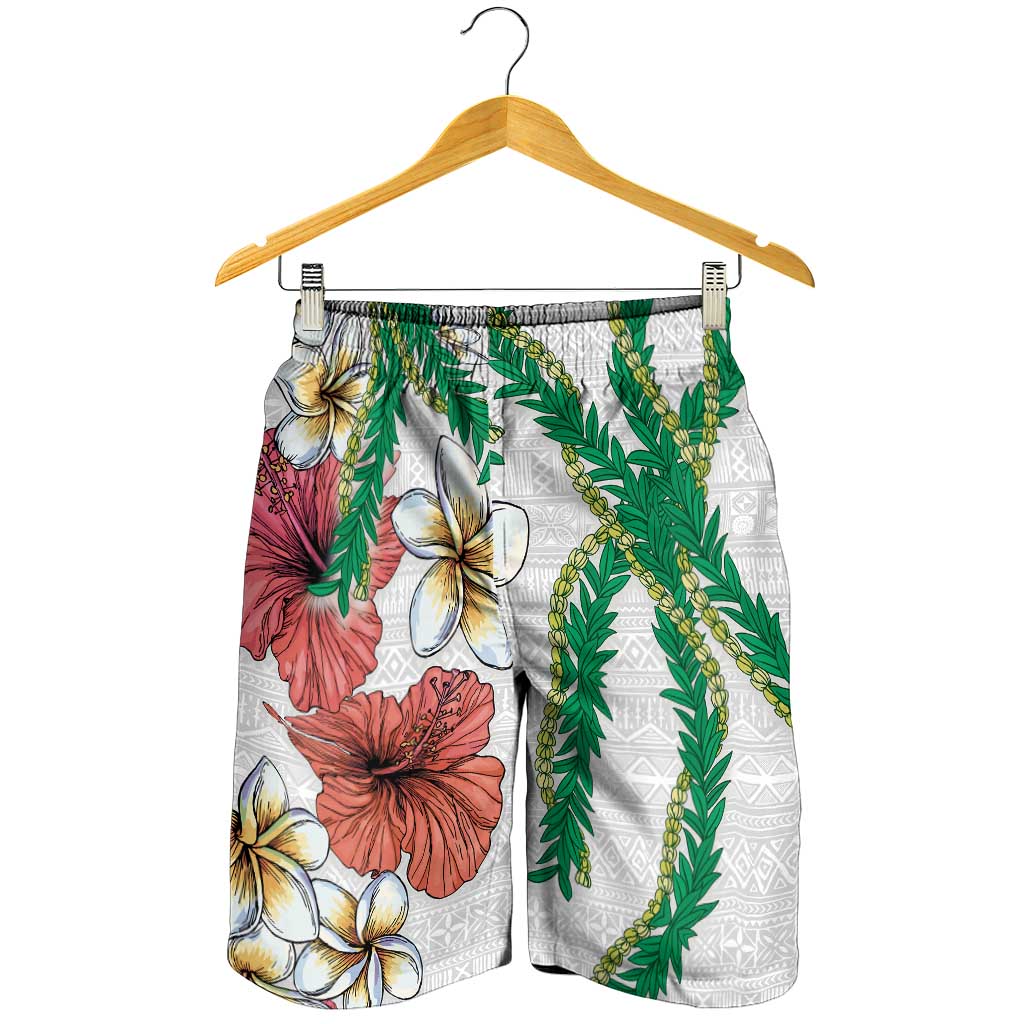 Hawaiian Tropical Flowers and Maile Pikake Shorts for Men Polynesian Tribal Pattern White Color LT03 - Polynesian Pride