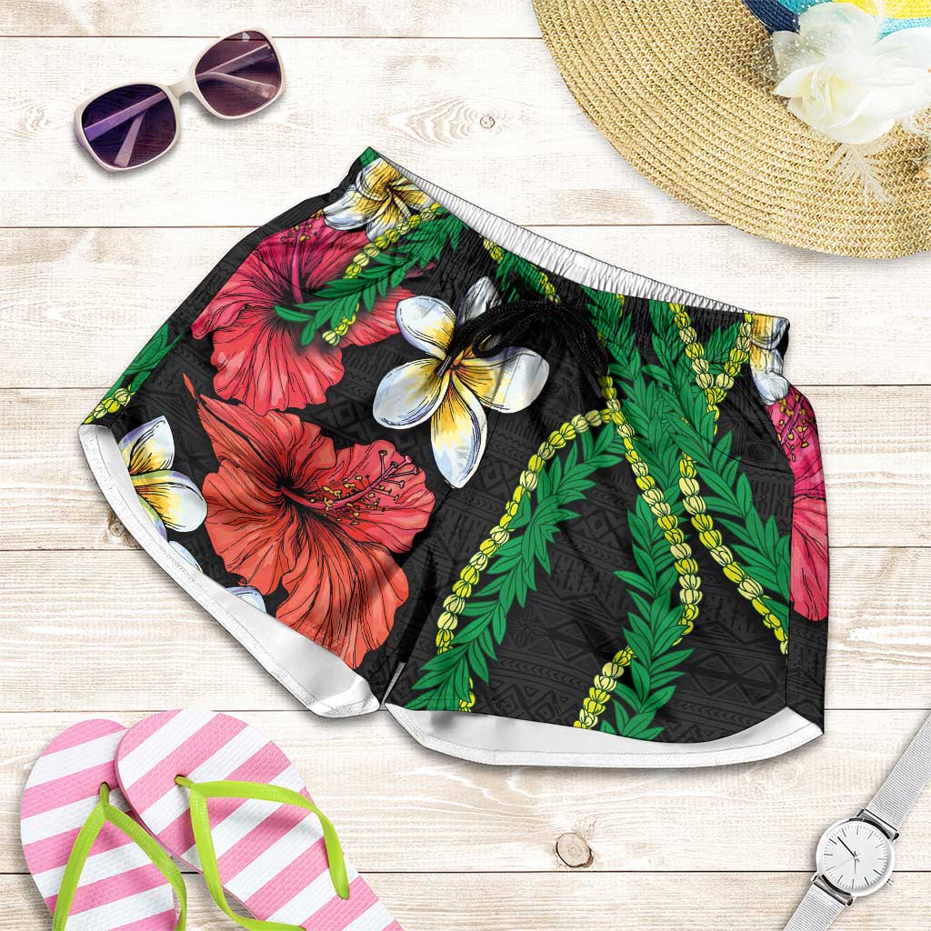 Hawaiian Tropical Flowers and Maile Pikake Shorts for Women Polynesian Tribal Pattern Black Color LT03 Black - Polynesian Pride