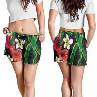 Hawaiian Tropical Flowers and Maile Pikake Shorts for Women Polynesian Tribal Pattern Black Color LT03 - Polynesian Pride
