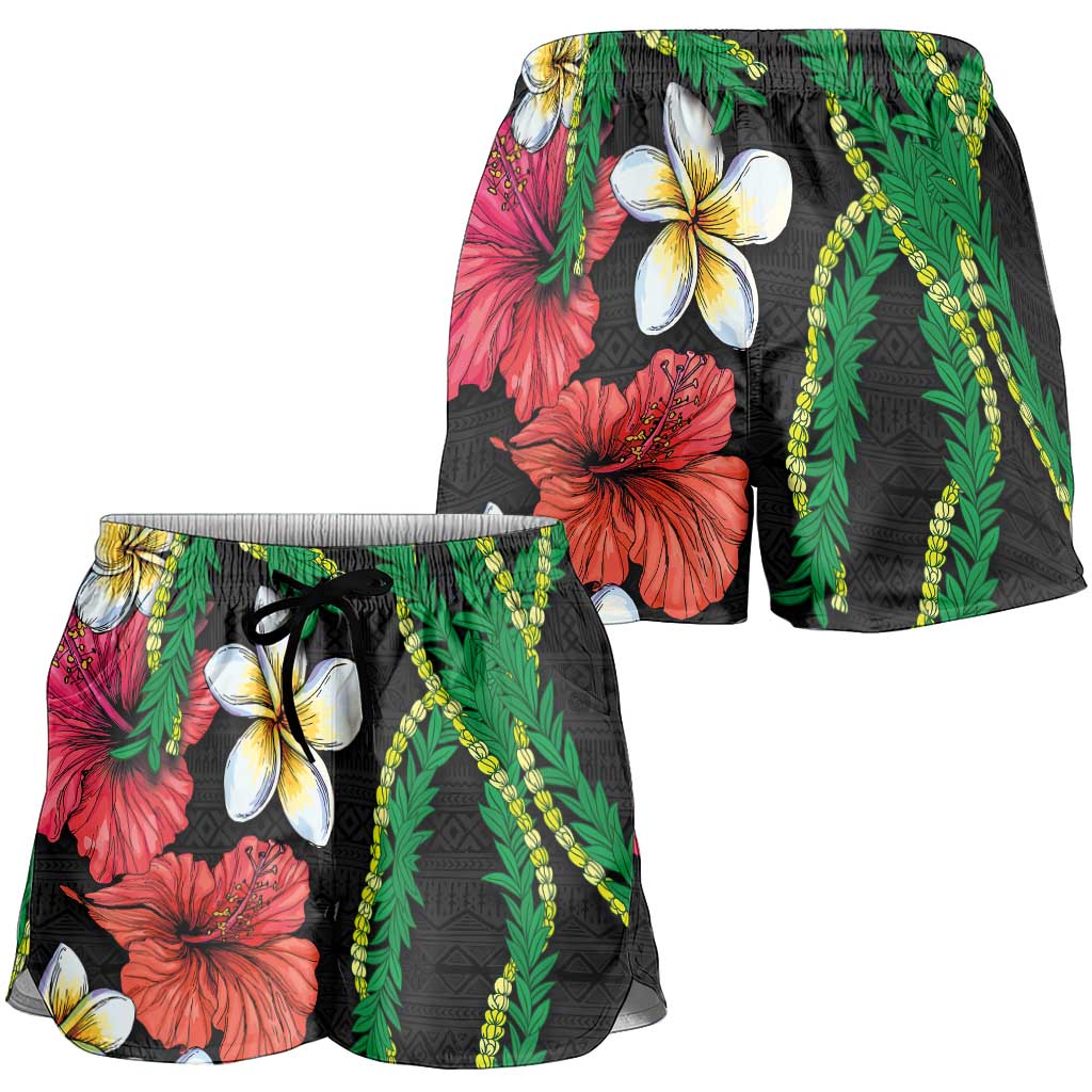 Hawaiian Tropical Flowers and Maile Pikake Shorts for Women Polynesian Tribal Pattern Black Color LT03 - Polynesian Pride