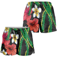 Hawaiian Tropical Flowers and Maile Pikake Shorts for Women Polynesian Tribal Pattern Black Color LT03 - Polynesian Pride