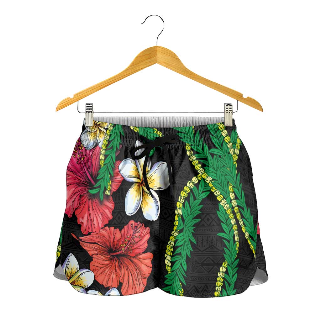Hawaiian Tropical Flowers and Maile Pikake Shorts for Women Polynesian Tribal Pattern Black Color LT03 - Polynesian Pride
