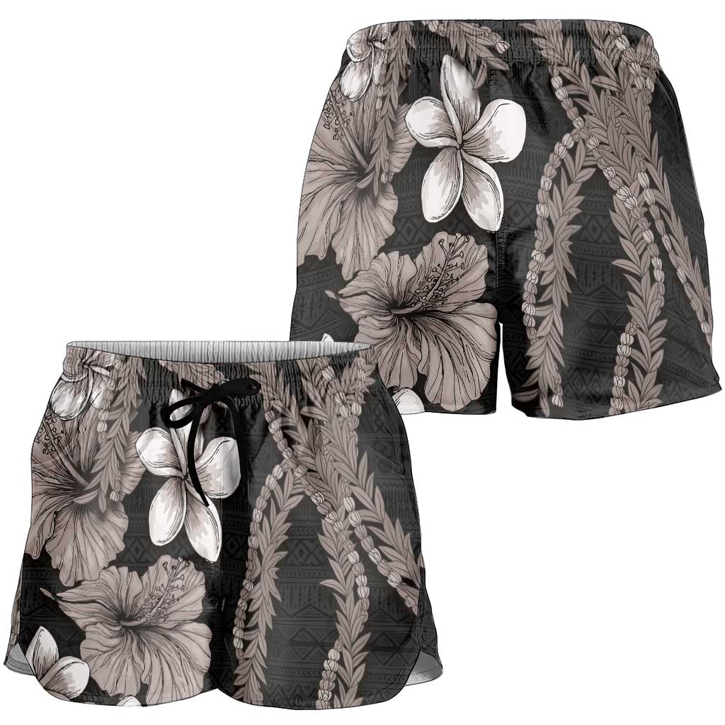 Hawaiian Tropical Flowers and Maile Pikake Shorts for Women Polynesian Tribal Pattern Grayscale Mode LT03 - Polynesian Pride