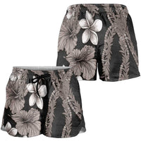 Hawaiian Tropical Flowers and Maile Pikake Shorts for Women Polynesian Tribal Pattern Grayscale Mode LT03 - Polynesian Pride