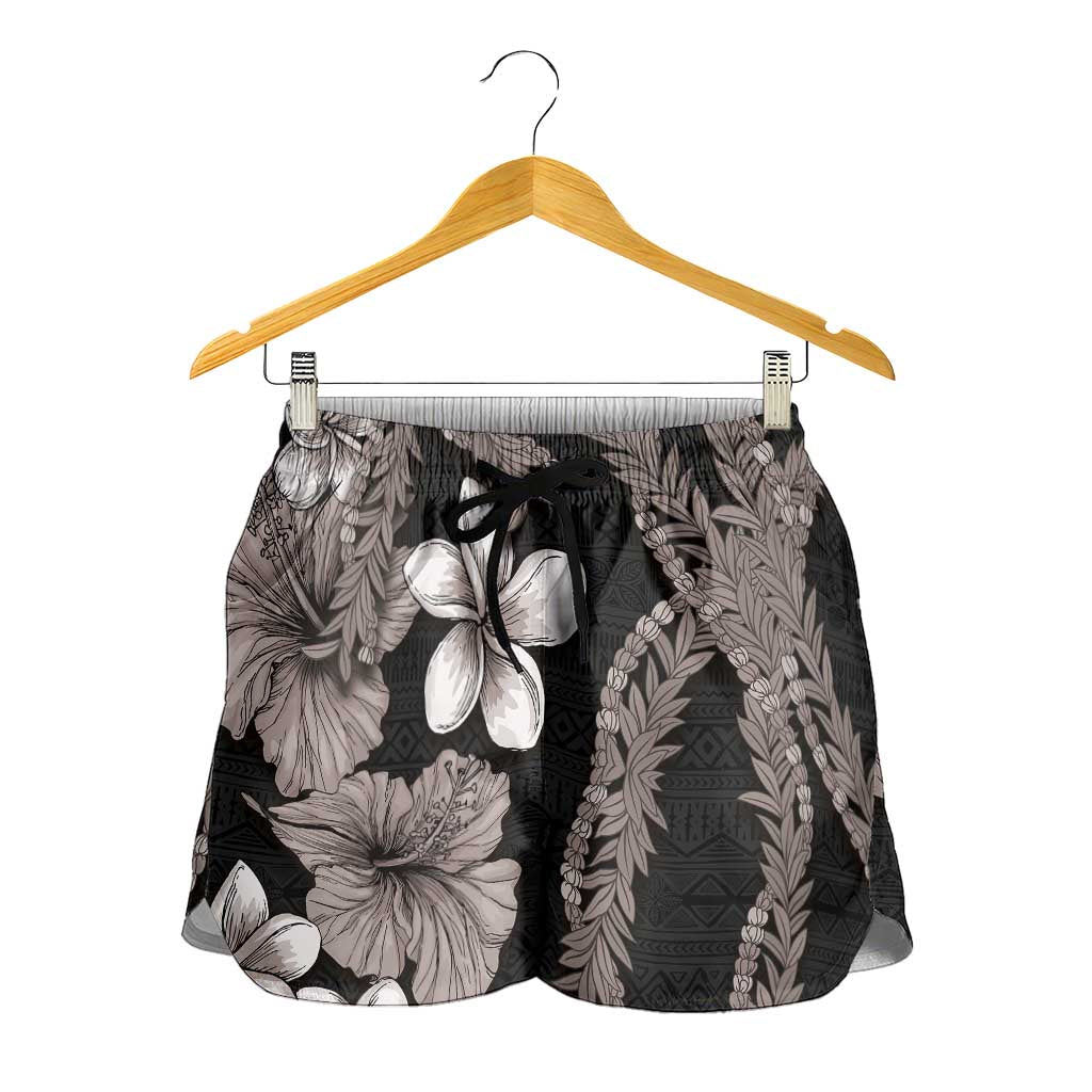 Hawaiian Tropical Flowers and Maile Pikake Shorts for Women Polynesian Tribal Pattern Grayscale Mode LT03 - Polynesian Pride
