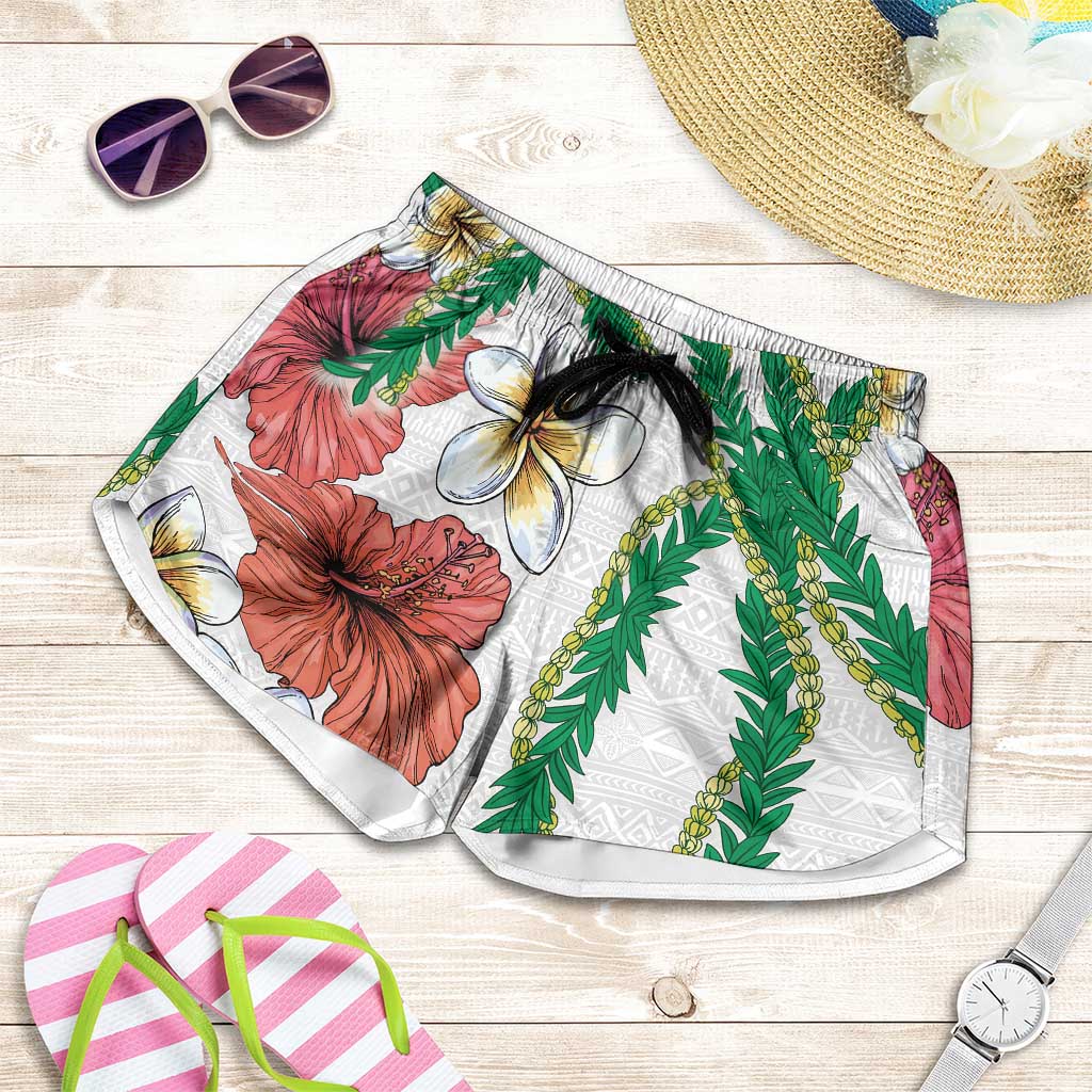 Hawaiian Tropical Flowers and Maile Pikake Shorts for Women Polynesian Tribal Pattern White Color LT03 White - Polynesian Pride