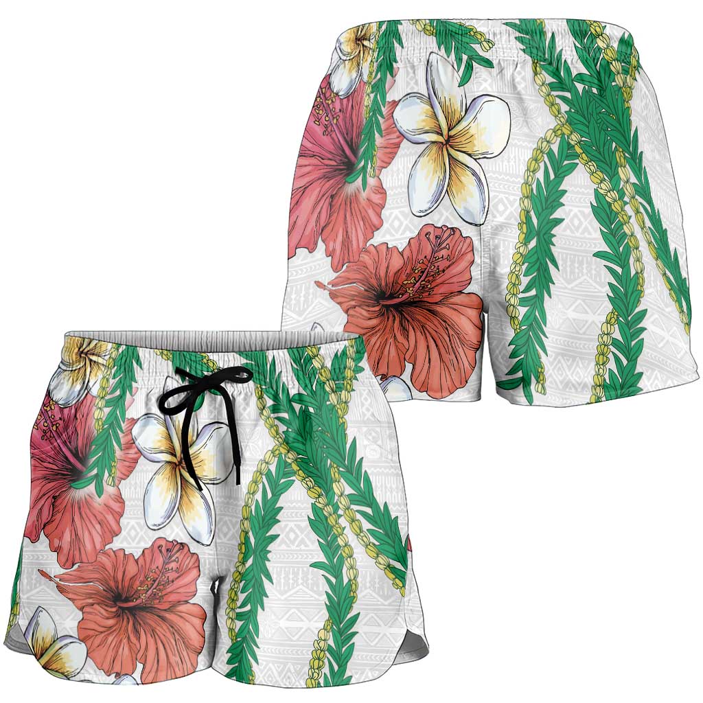 Hawaiian Tropical Flowers and Maile Pikake Shorts for Women Polynesian Tribal Pattern White Color LT03 - Polynesian Pride