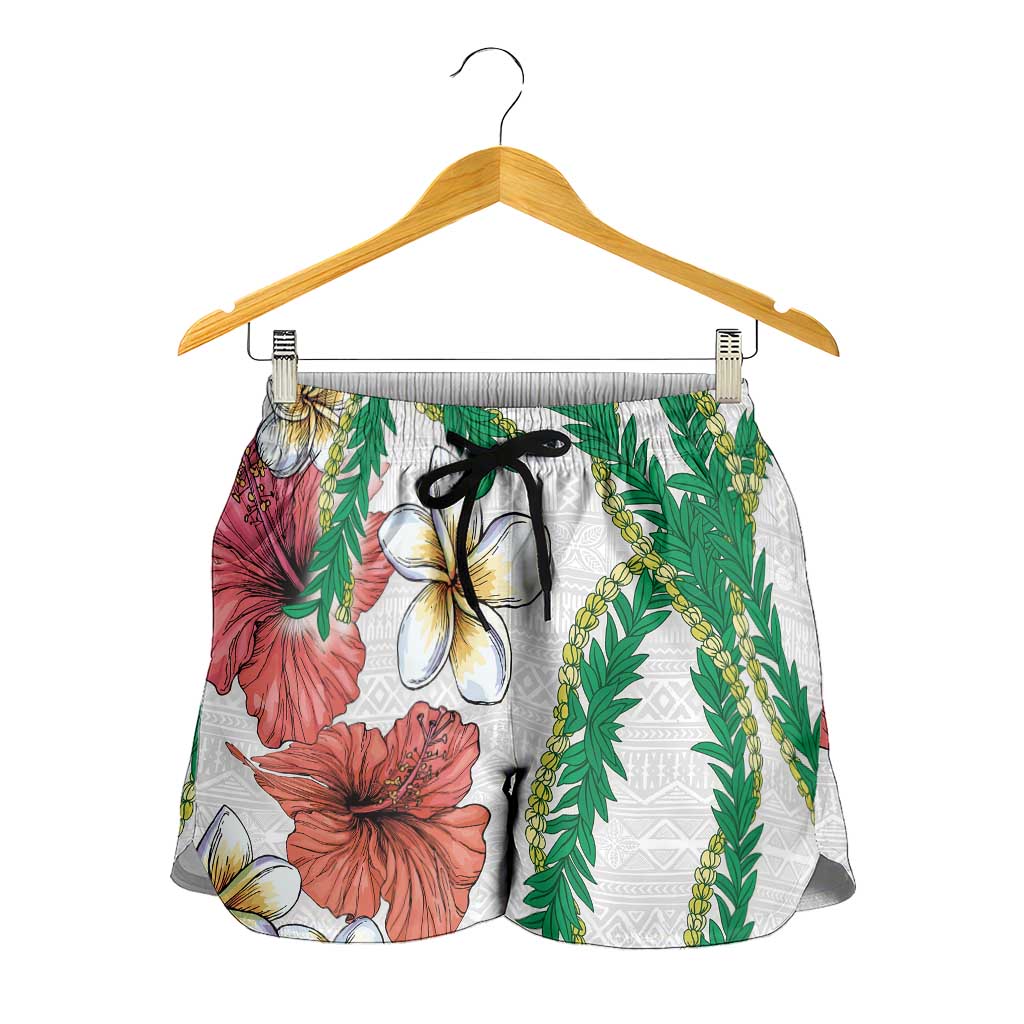 Hawaiian Tropical Flowers and Maile Pikake Shorts for Women Polynesian Tribal Pattern White Color LT03 - Polynesian Pride