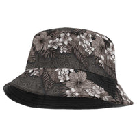 Hawaiian Tropical Flowers and Tribal Polynesian Tattoo Bucket Hat Grayscale Mode LT03