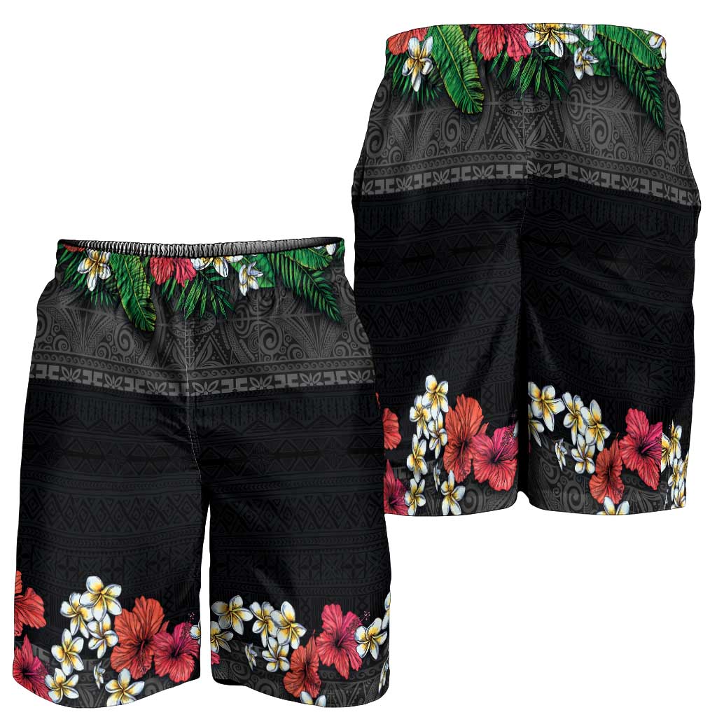 Hawaiian Tropical Flowers and Tribal Polynesian Tattoo Shorts for Men Black Color LT03 - Polynesian Pride