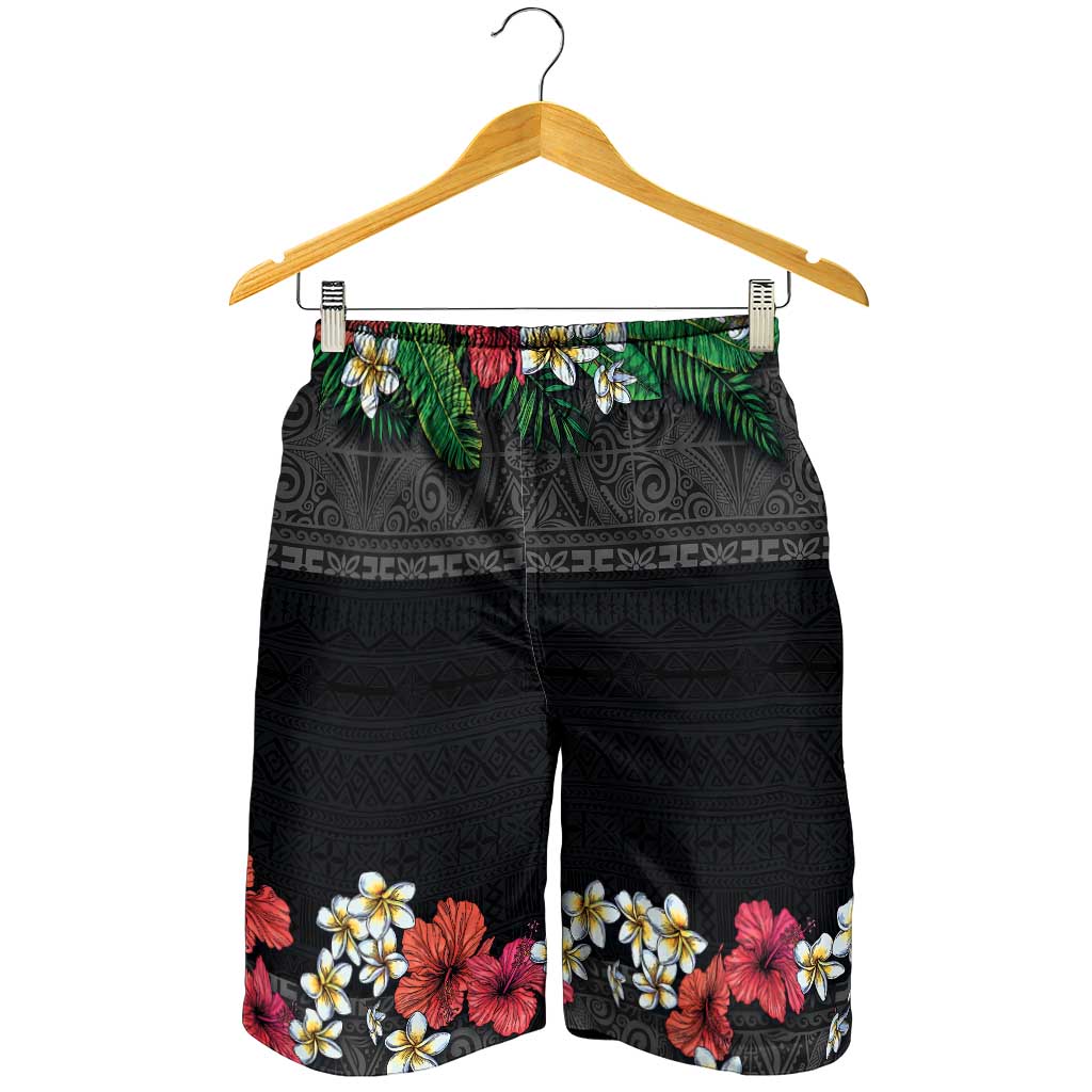 Hawaiian Tropical Flowers and Tribal Polynesian Tattoo Shorts for Men Black Color LT03 - Polynesian Pride