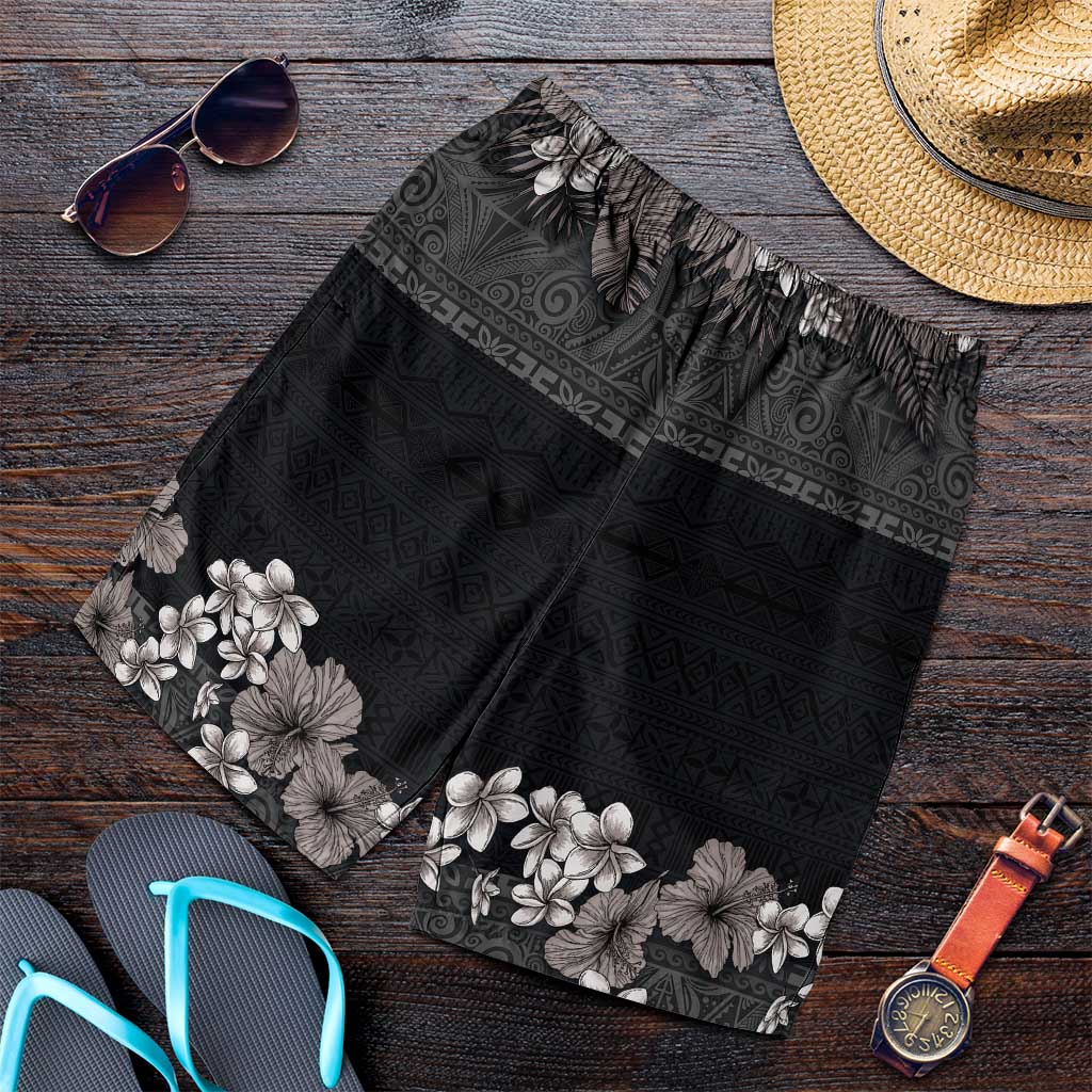 Hawaiian Tropical Flowers and Tribal Polynesian Tattoo Shorts for Men Grayscale Mode LT03 Black - Polynesian Pride