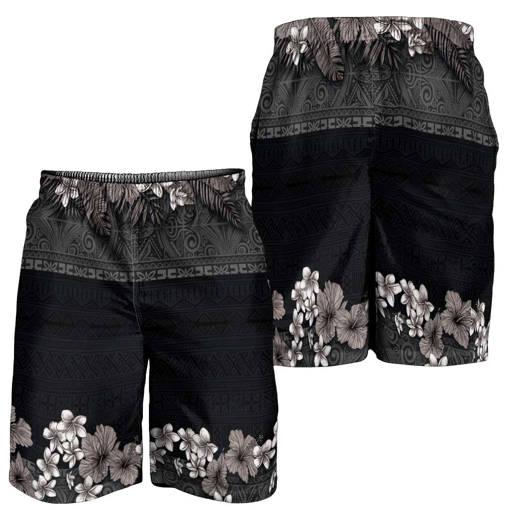 Hawaiian Tropical Flowers and Tribal Polynesian Tattoo Shorts for Men Grayscale Mode LT03 - Polynesian Pride