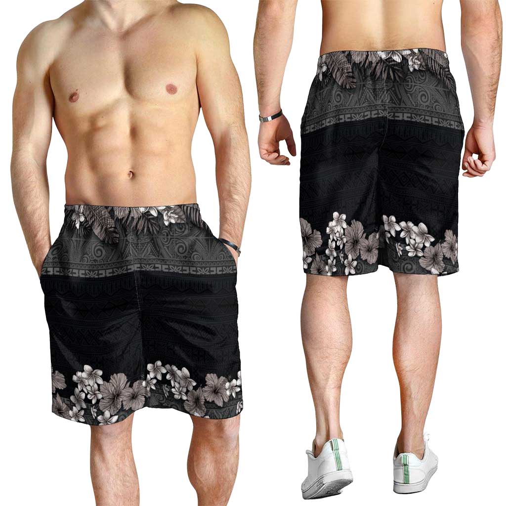 Hawaiian Tropical Flowers and Tribal Polynesian Tattoo Shorts for Men Grayscale Mode LT03 - Polynesian Pride