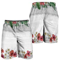 Hawaiian Tropical Flowers and Tribal Polynesian Tattoo Shorts for Men White Color LT03 - Polynesian Pride