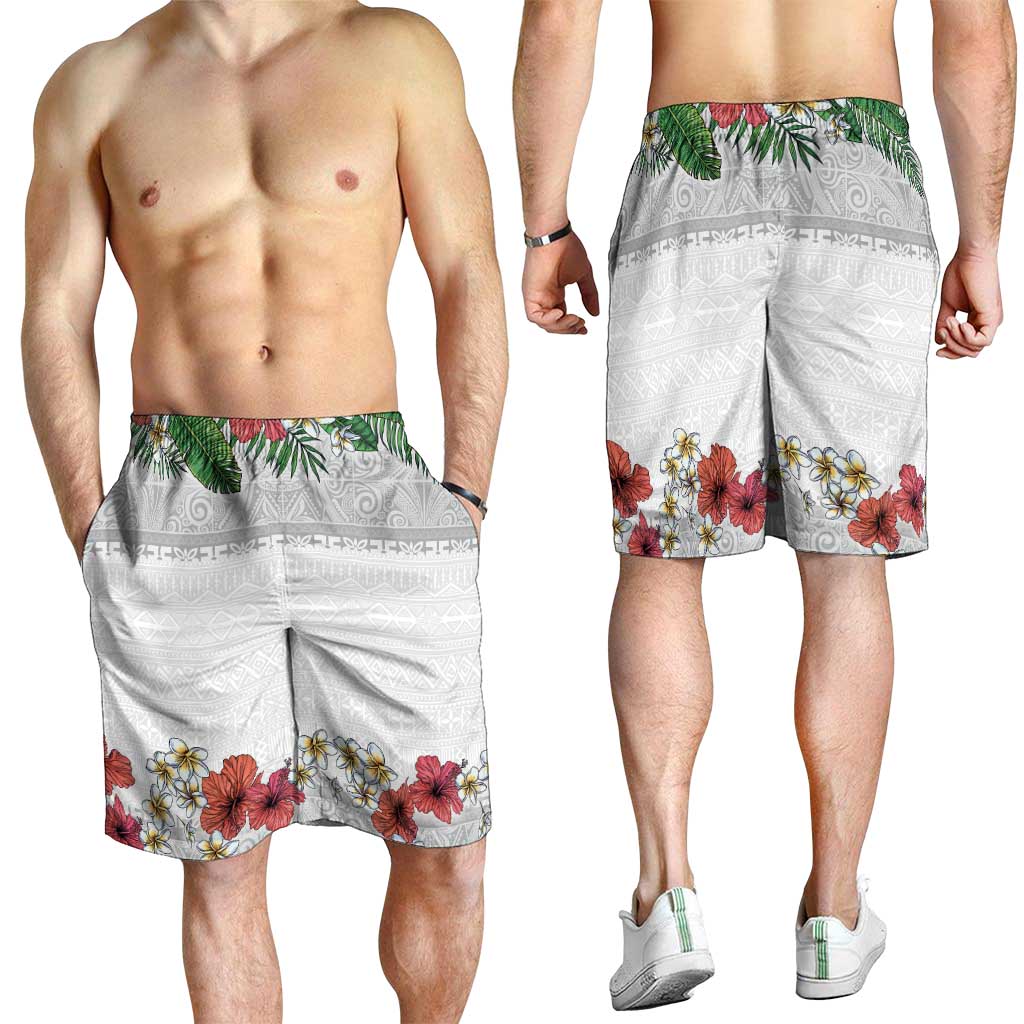Hawaiian Tropical Flowers and Tribal Polynesian Tattoo Shorts for Men White Color LT03 - Polynesian Pride